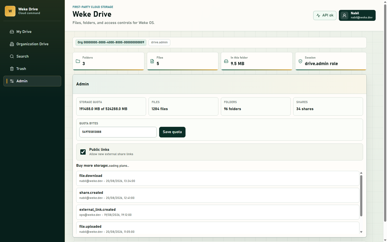 Weke Drive admin view with quota, counts, policy switch and audit trail