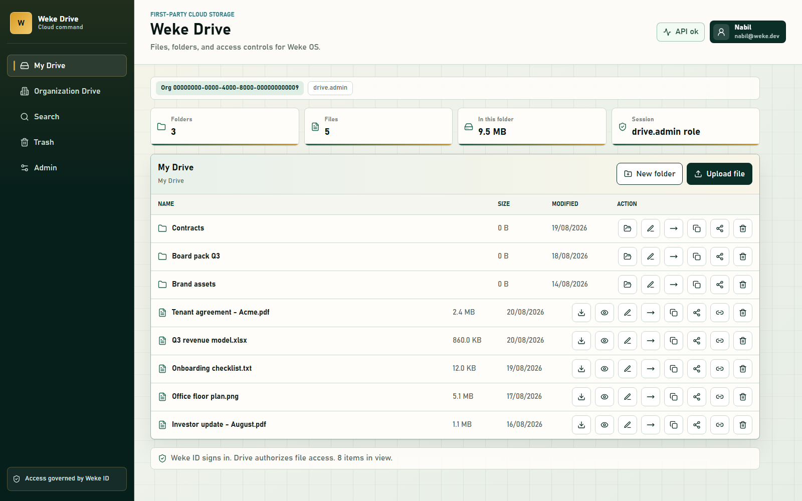 Weke Drive file browser with folders, files and row actions