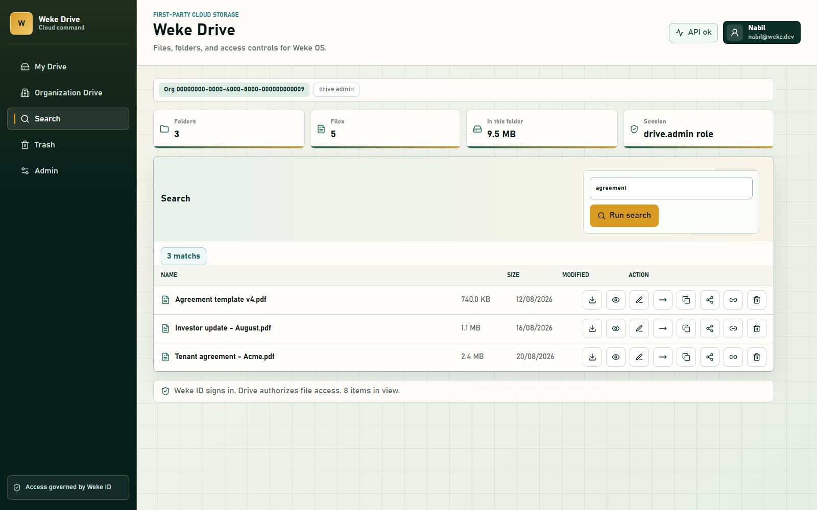 Weke Drive search results across file names and indexed text